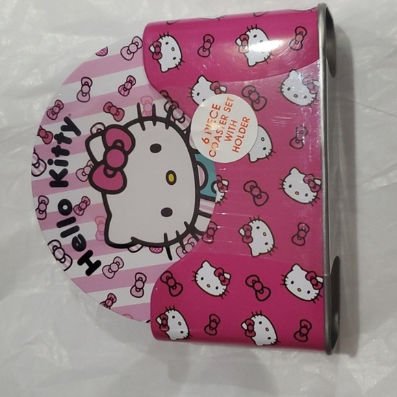 Hello Kitty pink white hello kitty monogrammed logo 6pc tin coaster set & holder - Picture 1 of 10